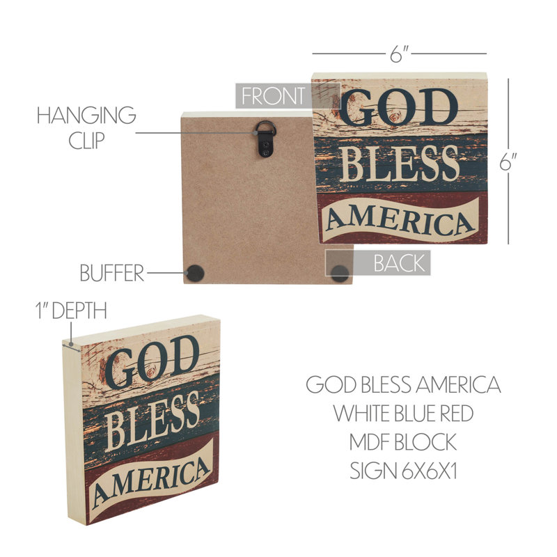 «High Glory» God Bless America - panneau de fibres à densité moyenne blanc, bleu et rouge 6 x 6 x 1