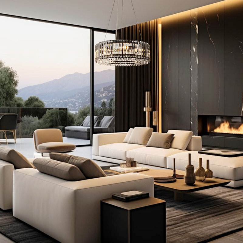 6- Light Modern Mid-Century Luxury Round Crystal Chandelier Chrome Drum Crystal Pendant Living Room, Matte Black, 6