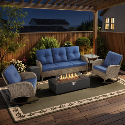 Esquer 5-Piece Outdoor Wicker Conversation Set With Rocking Chairs And Separate Fire Pit Table