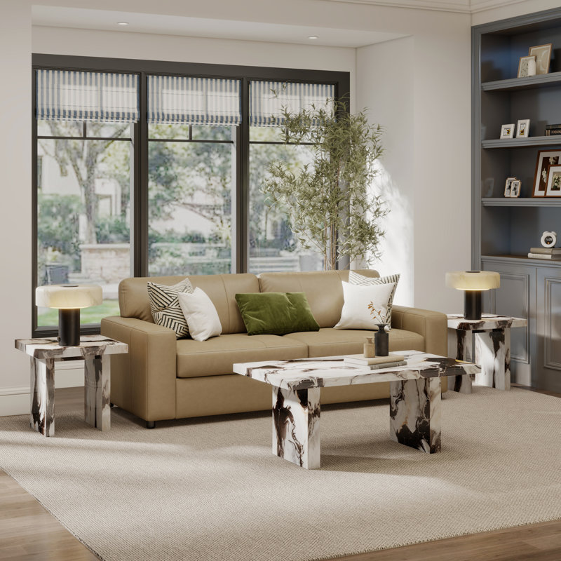 Roundhill Furniture Cavira 3-Piece Faux Marble Coffee Table Set, Coffee Table And Two Rectangular End Tables, Off-White