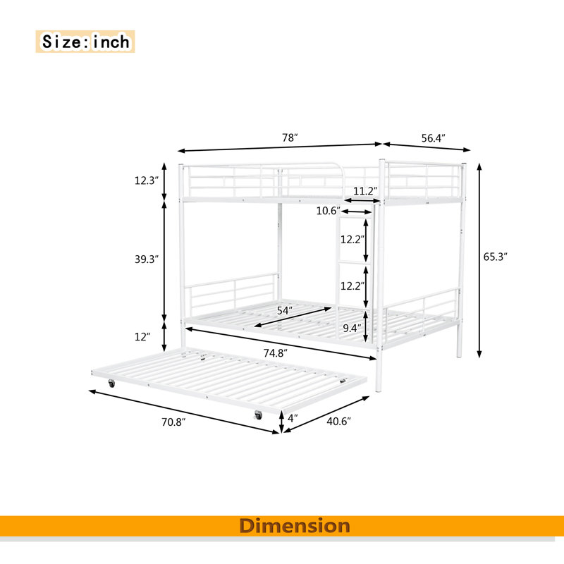 Full Over Full Metal Bunk Bed With Trundle, White