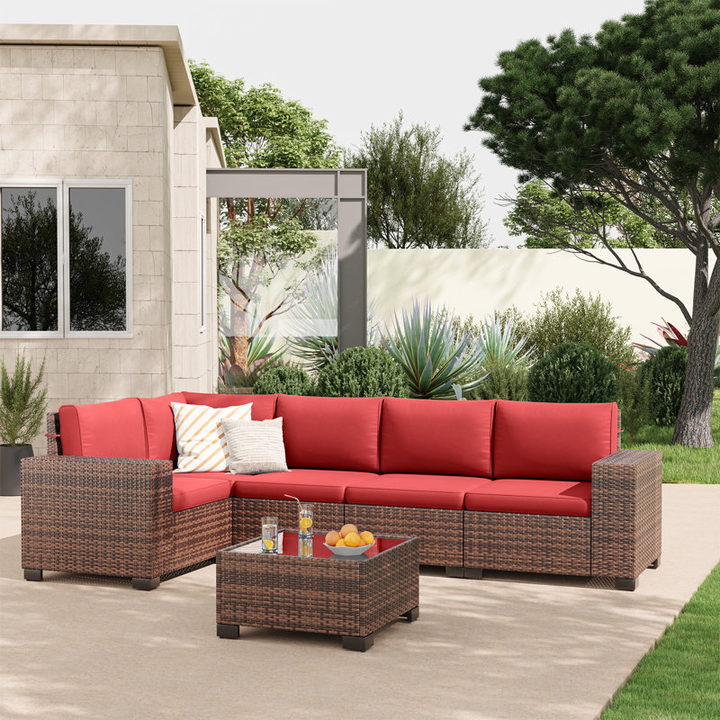 5 - Person Outdoor Rattan Sectional Seating Group With Cushions, Red, Brown