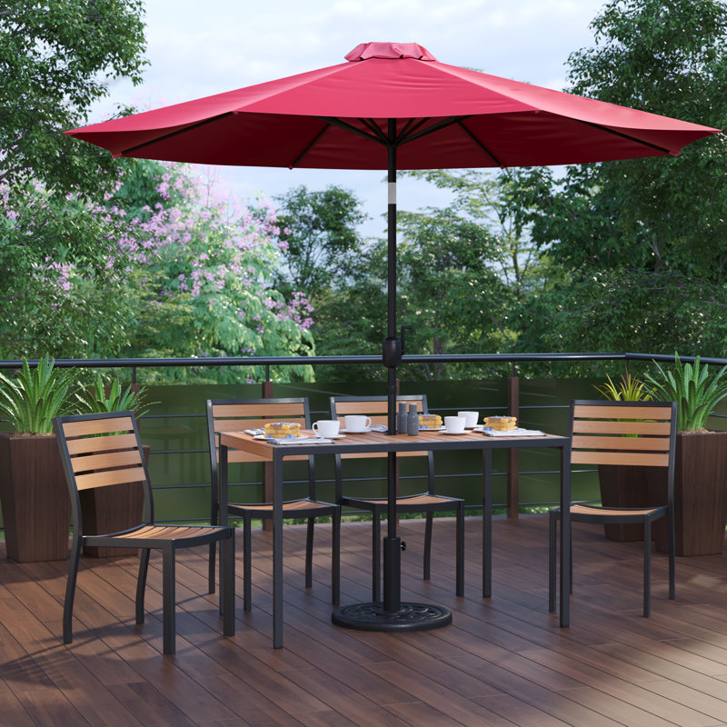 Agit Indoor/Outdoor Square Steel Framed Table with 4 Stackable Faux Teak Chairs, Red Umbrella, Yes