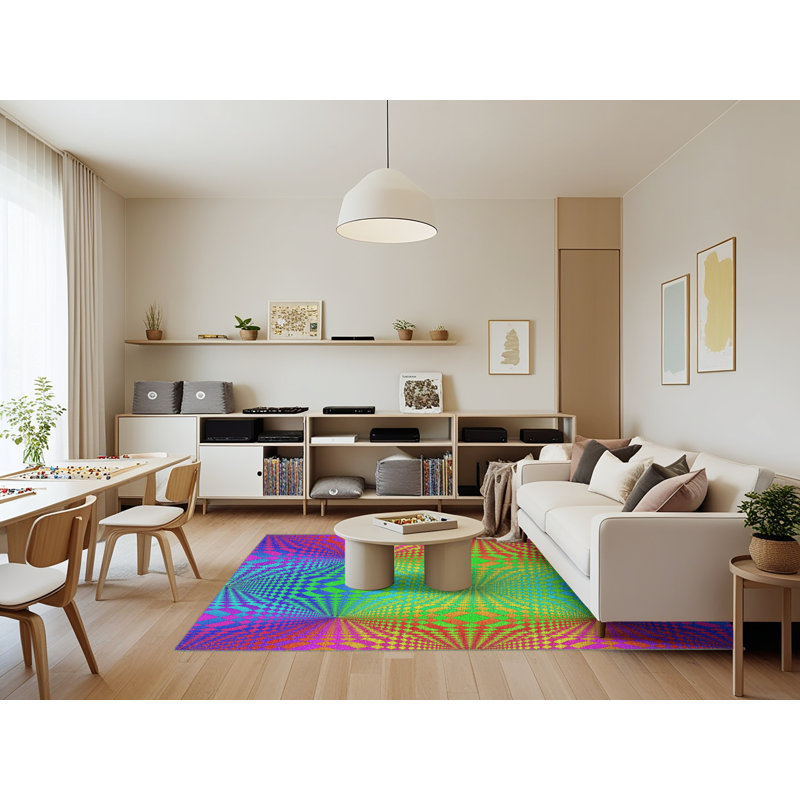 Tapis mauve/vert/rouge à tissage électrique, Rectangle 7 pi x 9 pi