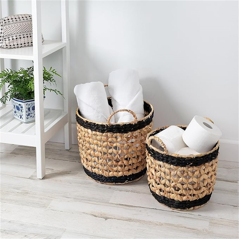 Set Of 2 Round Decorative Wicker Baskets With Handles, Natural/Black Natural
