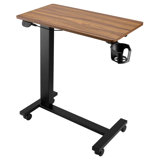 Overbed Table, Mobile Bed Side Table with 4 Wheels, Electric Lifting with Upgrade Button, Rolling Laptop Desk with Cup Holder, Height Adjustable Overbed Desk for Home, Office, Study