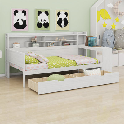 Lit de jour en bois avec tablettes de rangement, lit multifonctionnel avec deux tiroirs de rangement et bureau d'étude