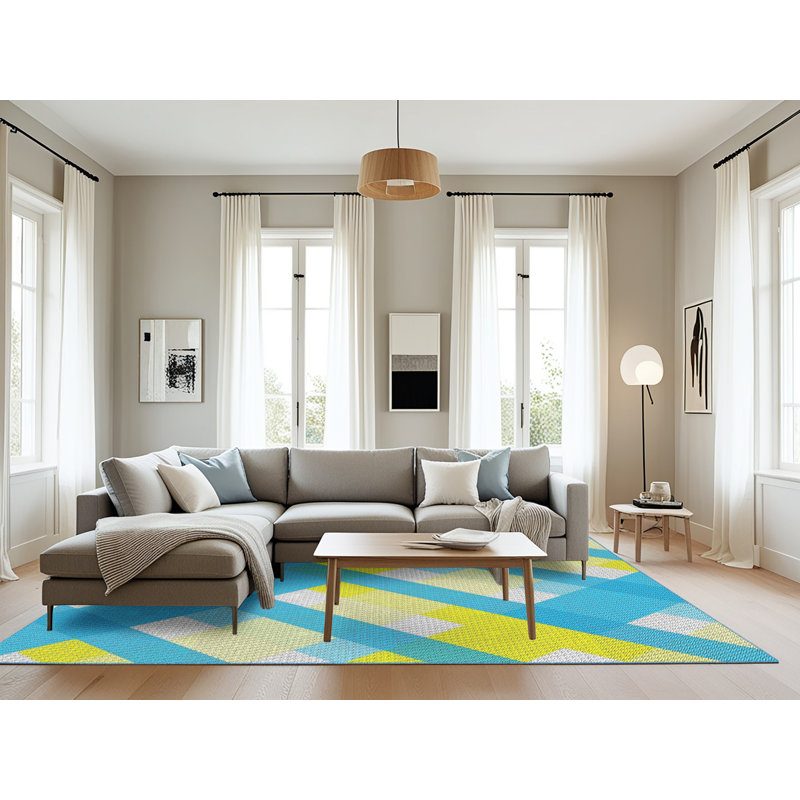 Tapis bleu/jaune tissé à la machine, Rectangle 8 pi x 12 pi
