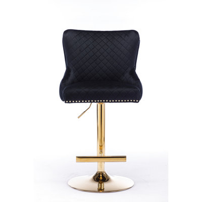Chaise de bar luxueuse en velours noir à hauteur réglable, dossier à losanges avec garniture à fermeture à glissière, coussin de siège en éponge, magnifique tête de lion doré, pieds dorés électrolytiques, fermeture à glissière à motif de pieds de chaise