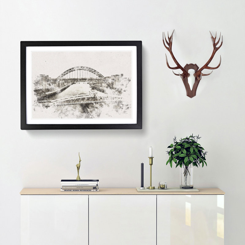 Tyne Bridge Linking Newcastle Watercolour - Framed Print, 35cm H x 50cm W x 2cm D, Black