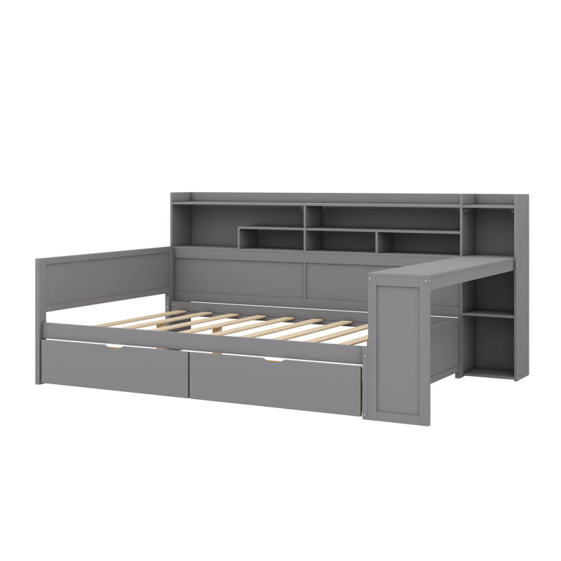 Lit de jour double en bois avec rangement intégré, conception multifonctionnelle avec deux tiroirs et un bureau d'étude