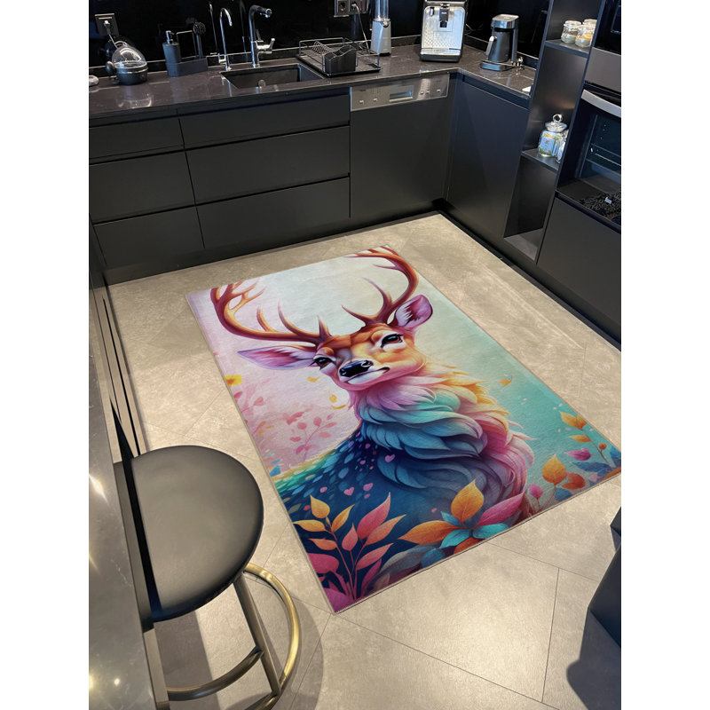 Tapis décoratif moderne multicolore à motif de cerf abstrait à motif de cerfs, Tapis de couloir 3 pi 3 po x 9 pi 10 po