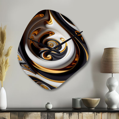 Gold And Black Stained Glass Spiral IV - Abstract Spirals Asymmetrical Metal Clocks, Gold Irregular Shape Metal Wall Clock Print