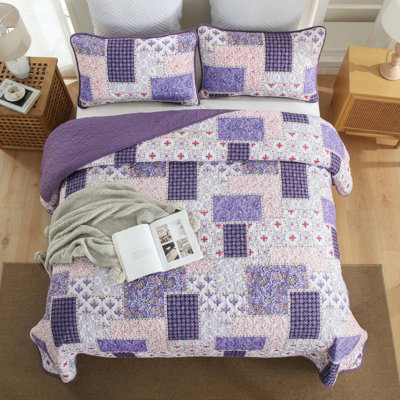 3-Piece Reversible Patchwork Quilt Set - Lightweight Microfiber Bedspread Coverlet for All Seasons