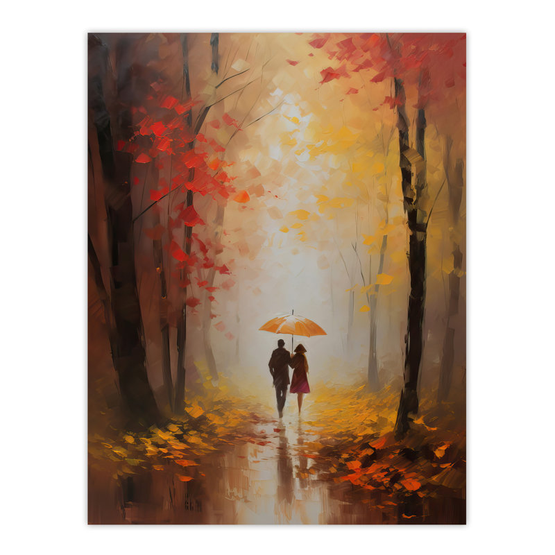 Wall Art Print Romantic Stroll Oil Painting Orange Autumn Forest Landscape Bedroom Art Poster