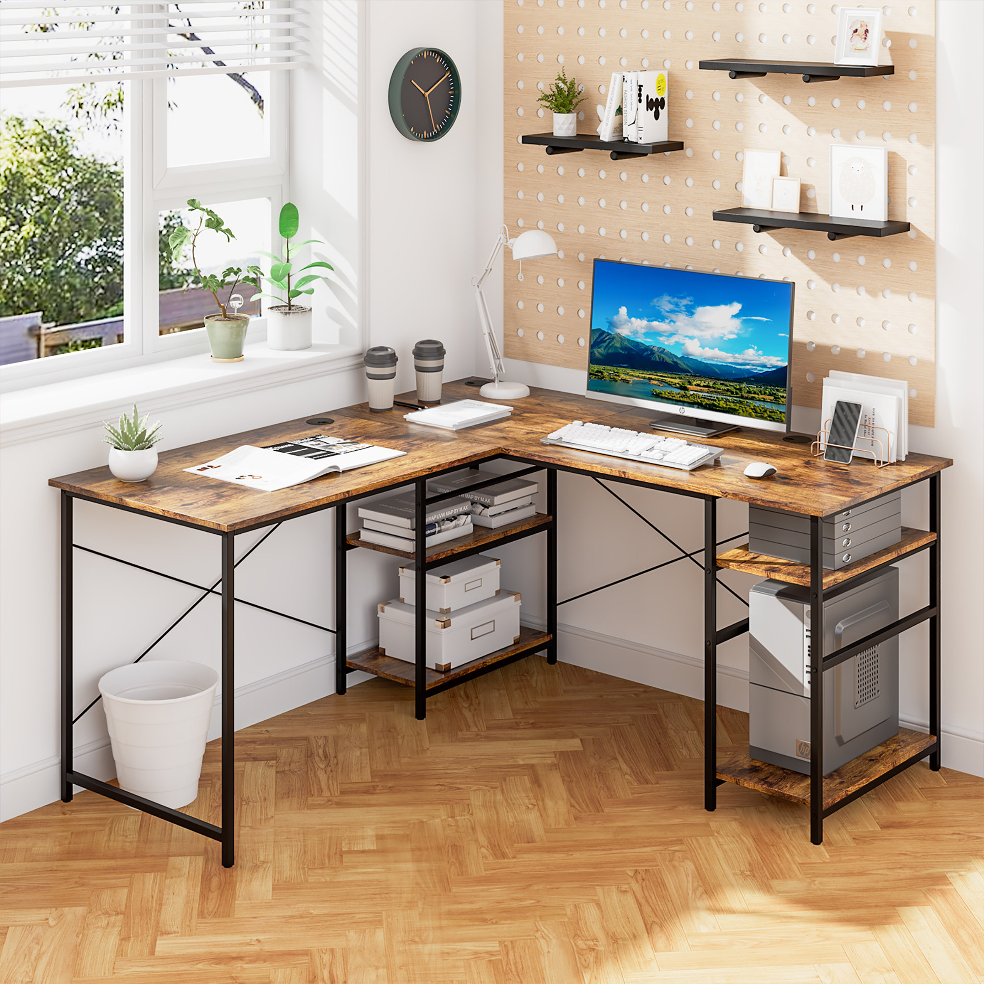 Haigh L Shaped Desk with Shelves 86.6 inch Reversible Corner Computer Desk or 2 Person Long Table Zipcode Design Color (Top/Frame): Black