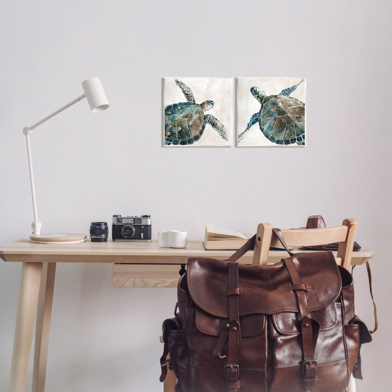 Aquatic Sea Turtles Swimming Blue and Brown Wood Wall Art Set