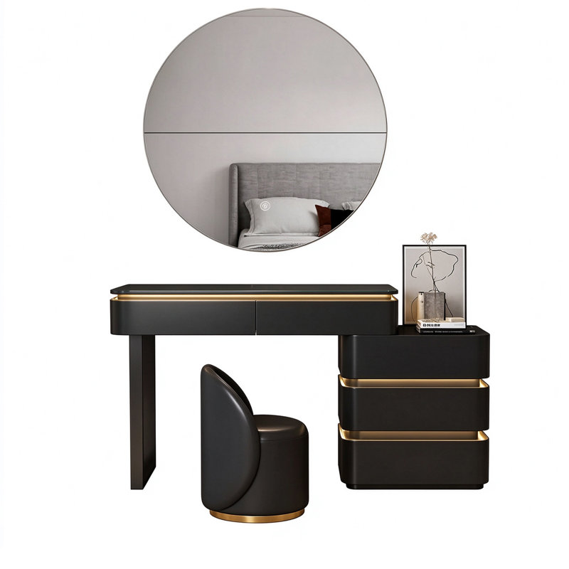 Coiffeuse 27,56 po moderne noir minimaliste avec grand miroir rond, 30.71" H x47.24"W x 15.75" D