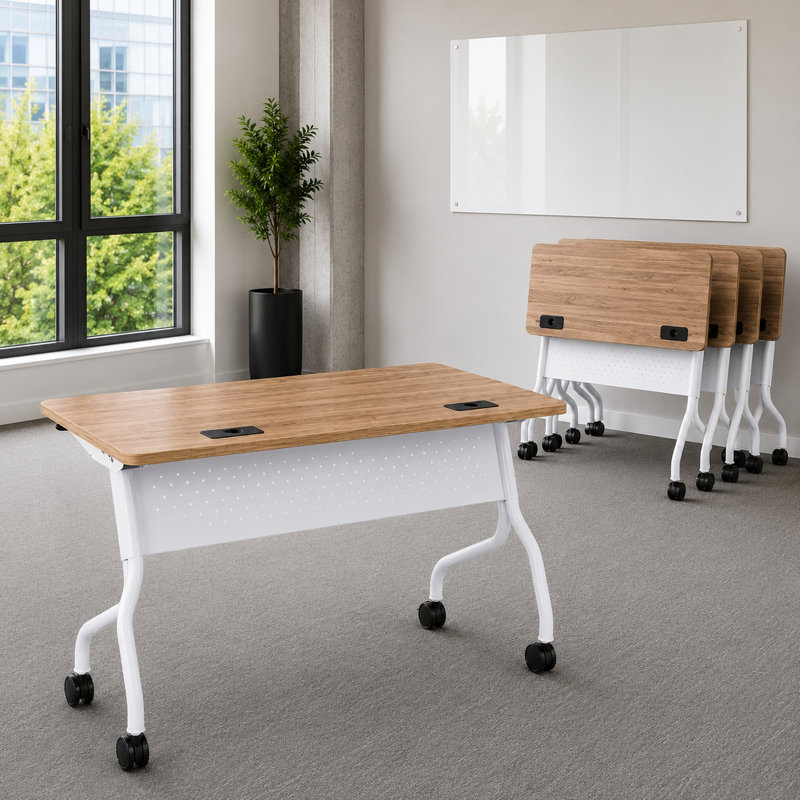 Table mobile à nageoires à haute pression en stratifié d'apprentissage, 24" W x 60" L, White Frame/Oak Top, Without Power