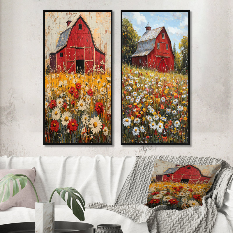 Barnyard In Full Bloom I - Collection d'art sur toile 2 panneaux, H 40 po x l 41 po, Cadre flottant noir
