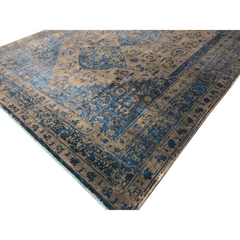 Tapis gris et bleu noué à la main de haute qualité