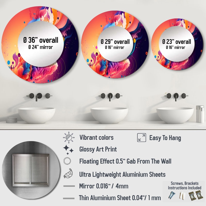 Sholah Vibrant Color Explosion II - abstrait spirales murales uniques, miroir rond rose, impression d'art en métal