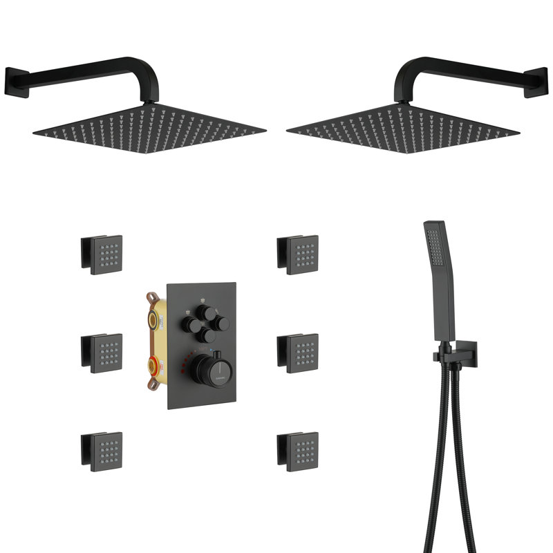 Matte Black Dual Shower Head Thermostatic System with Body Jets
