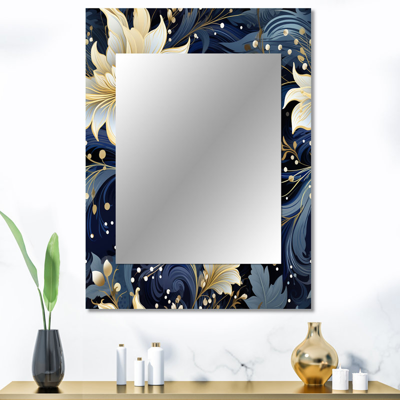 Hoskins Astral Blue White Damask Radiance - damask  Decorative Mirror, Boho Large Wall Mirror, Printed Metal Art, 40" x 30"