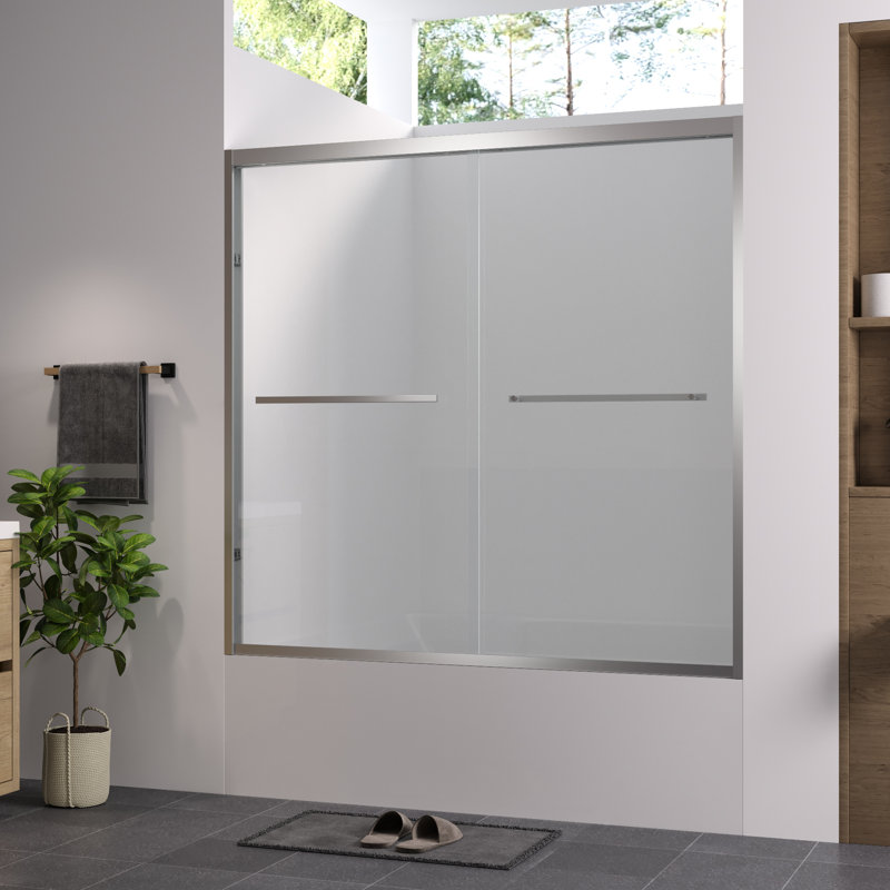 Double Sliding Bathtub Screen With 1/4"  6Mm  Tempered Glass, Finished, Adjustable Width, And Corrosion - Handle For Bathroom Finished Glass Screen, 56 60"X58", Aluminum Frame, Safe Attractive