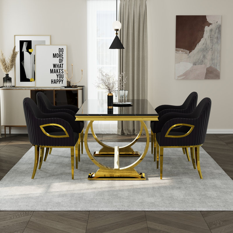 Ensemble de table de salle à manger de luxe avec accoudoirs en velours, Noir, 5