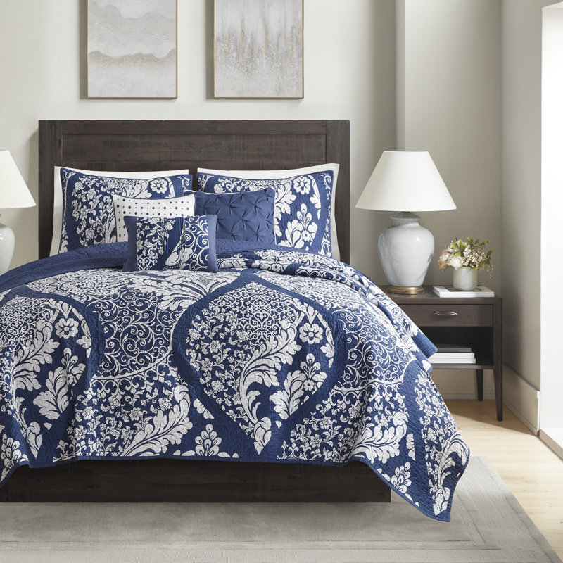 Ensemble de courtepointe en coton imprimé 6 pièces avec coussins décoratifs, Couvre-lit double / grand + 5 pièces supplémenta