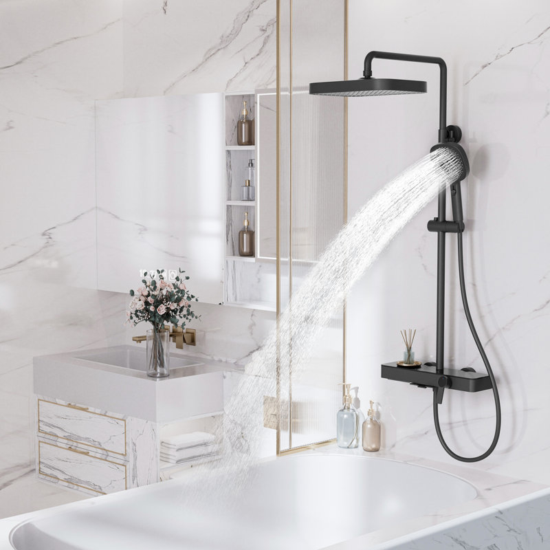 Système de douche carrée 12,6 po avec douche à main 3 modes, noir mat, certifié Cupc, bec cascade, glissière à hauteur réglable, inverseur à 3 boutons
