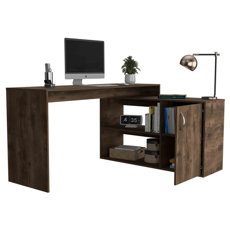 Bureau d'ordinateur en L avec rangement ouvert et fermé Kailiyah, Gris