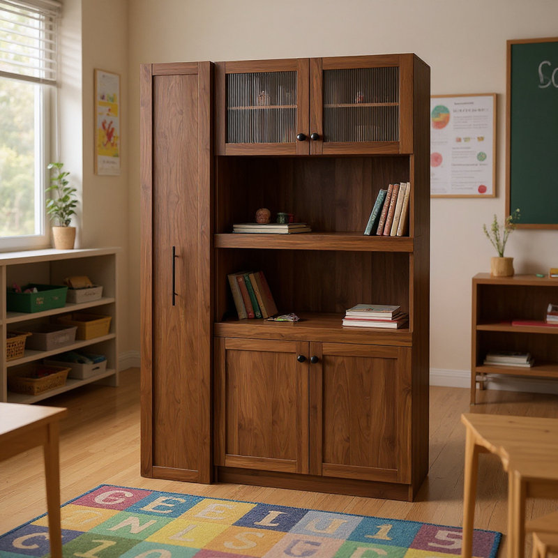 Armoire extensible de bureau avec rangement coulissant, portes en verre et tablettes multifonctionnelles, Espresso