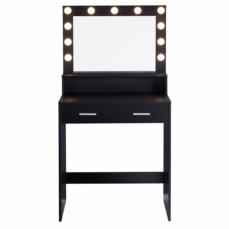 Bureau de coiffeuse avec miroir et lumières, coiffeuse avec grand tiroir, commode de rangement à 2 niveaux et 3 modes d'éclairage à luminosité réglable, convient à la chambre à coucher (noir)