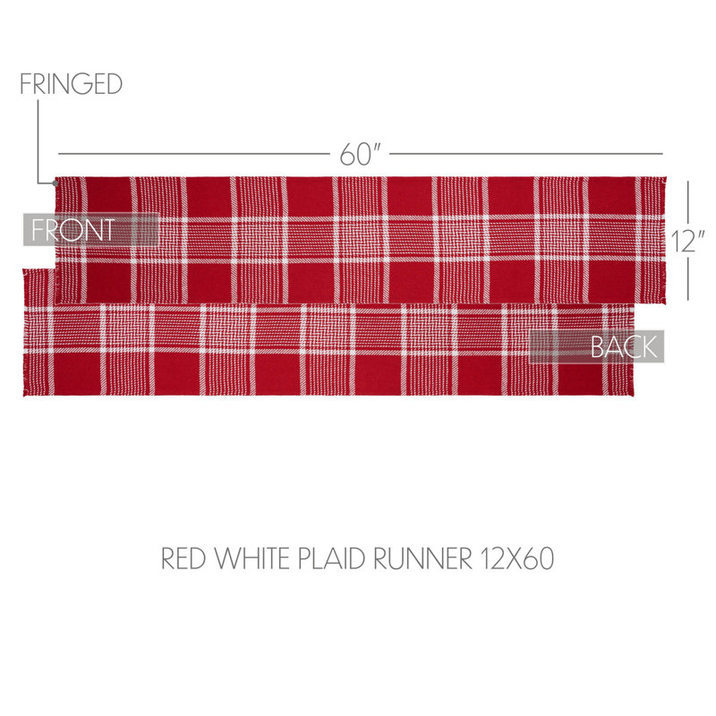 Wilf Red White Plaid Runner Fringed 12x48, 60 po x 12 po