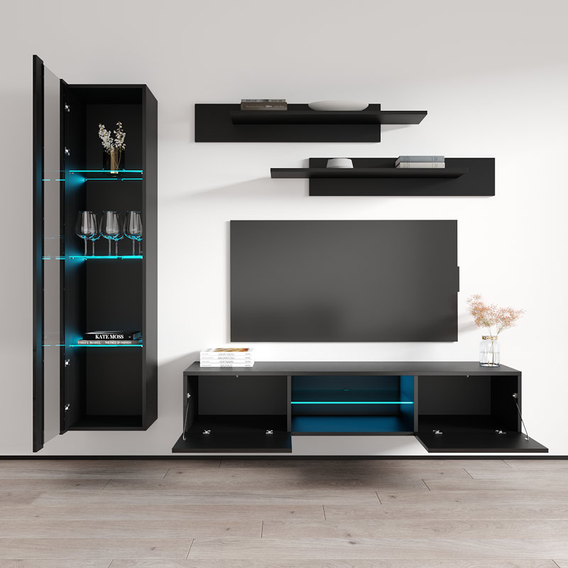 Letson 85" Modern Floating Wall Mounted Entertainment Center with 16-Color LED Lighting, High Gloss Finish, Black