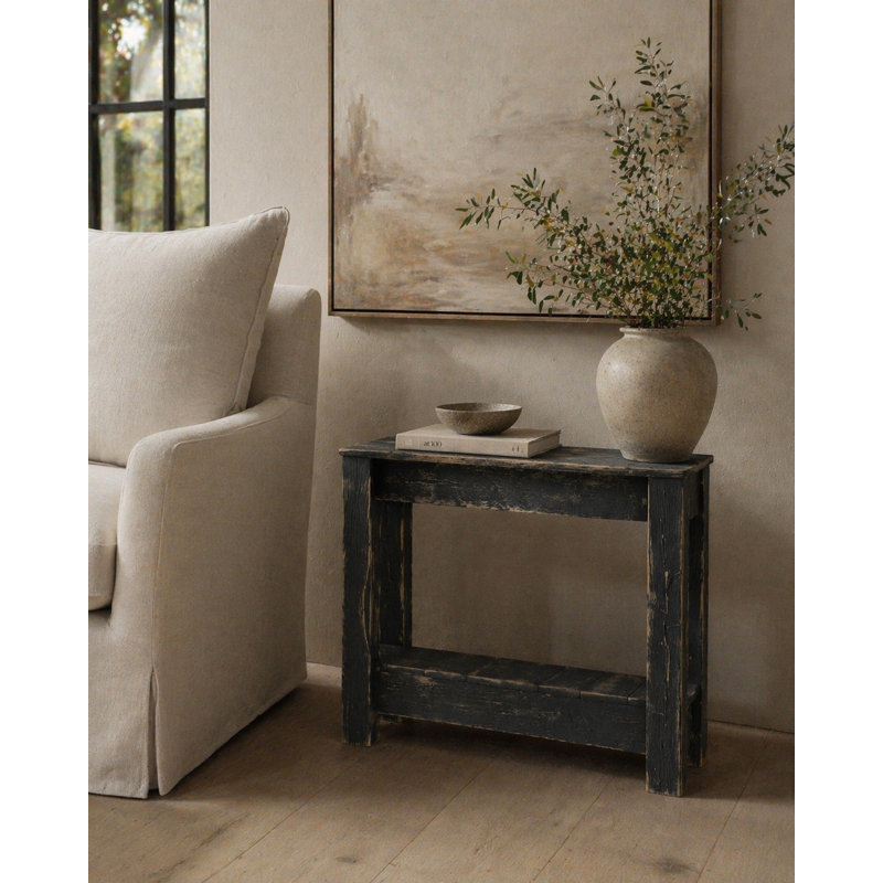 26" Reclaimed Wood Accent Table | Narrow End Table | Solid Wood Side Table (Black), Black