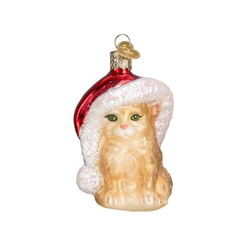 Hand-Painted Glass Santa Kitten Christmas Tree Ornament