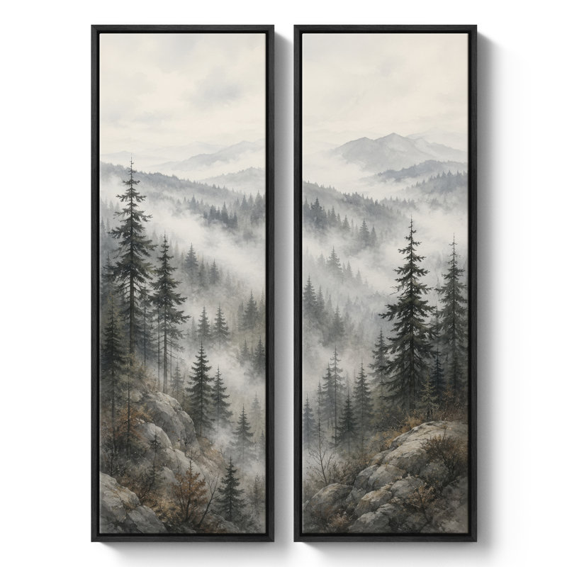 Paysage de forêt de pins de montagne brumeuse – Ensemble de 2 impressions d'art murales encadrées sur toile 60 po x 20 po x 2