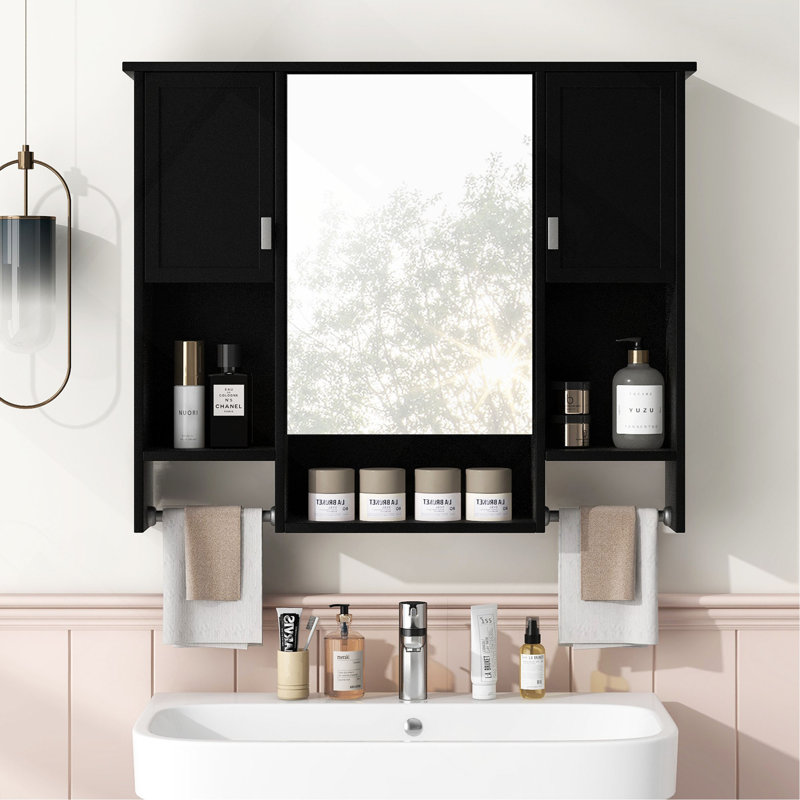 Armoire de rangement murale moderne 35 po x 28 po, armoire de salle de bain murale avec miroir, armoire à pharmacie avec barre à serviettes