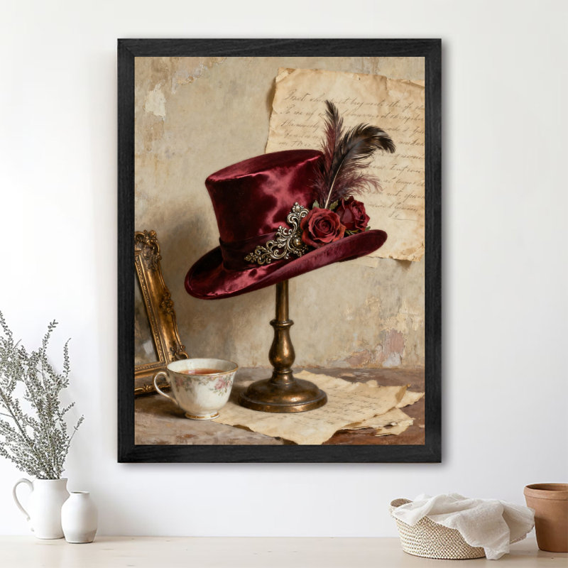 Art encadré noir, chapeau rouge rétro, impression de réalisme élégant, H 17 po x l 13 po