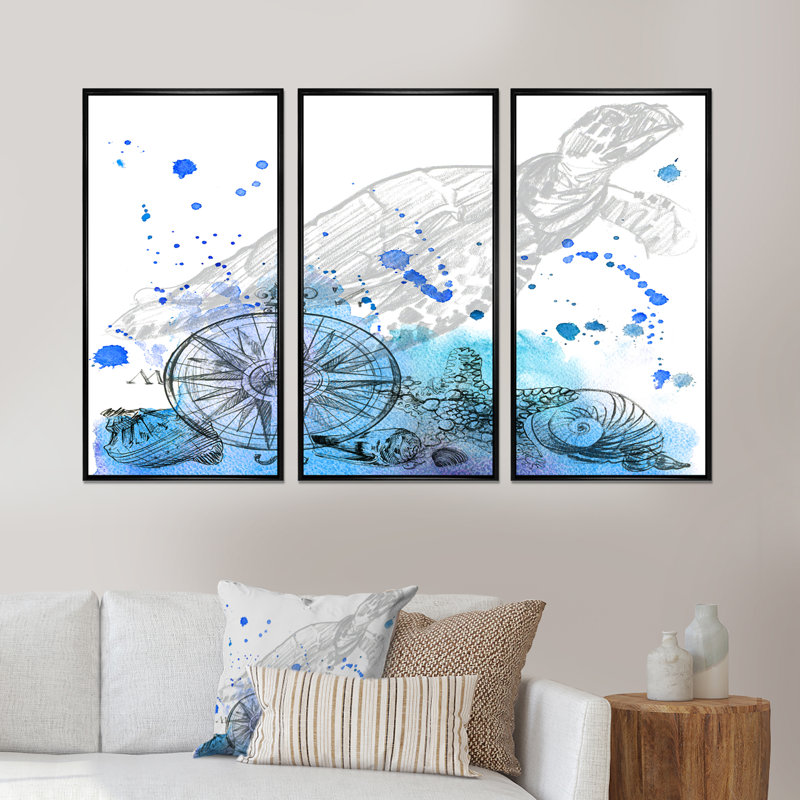 Créatures marines - Ensemble de 3 reproductions d'art encadrées sur toile, H 28 po x l 36 po x P 1 po, Cadre flottant noir
