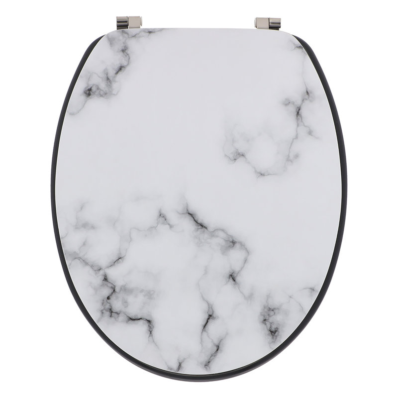 Siège de toilette allongé aspect marbre Carrara Noir, 18 po, panneau de fibres à densité moyenne, charnières en acier inoxydable, blanc et noir