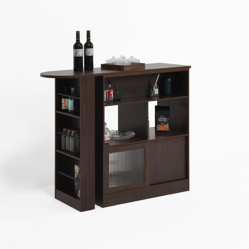 Modern Walnut Bar Cabinet With Rotating Top – 6 Storage Spaces & Ribbed Glass Doors For Dining & Living Room