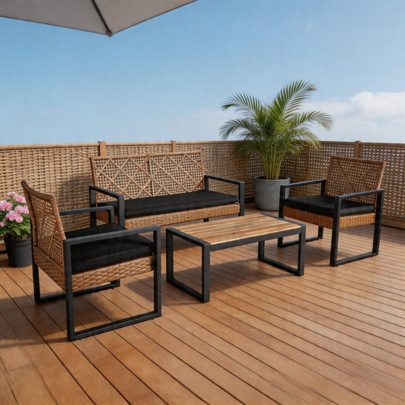 4-Piece Modern Outdoor Patio Furniture Set, Acacia Wood Tabletop, Black & Light Brown for Balcony, Porch, Garden & Backyard