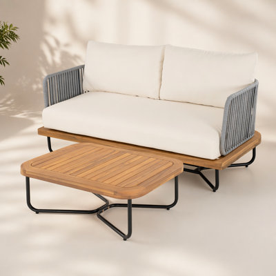 Ensemble de causeuse et de table en bois d'acacia tissé Lucca, beige, durable et élégant