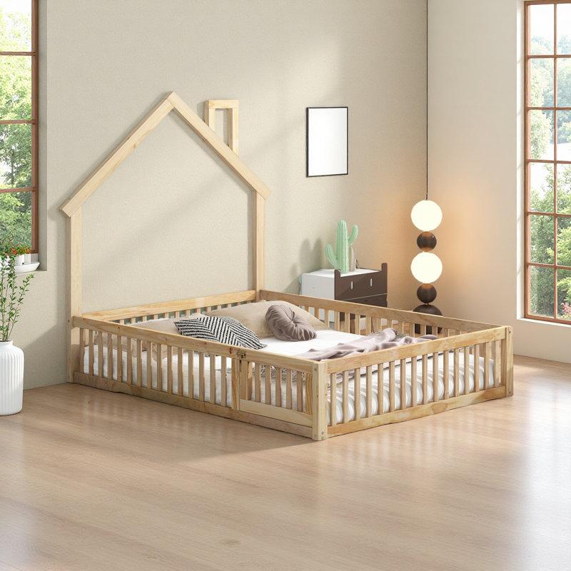 House Platform Bed With Guardrail, Natural