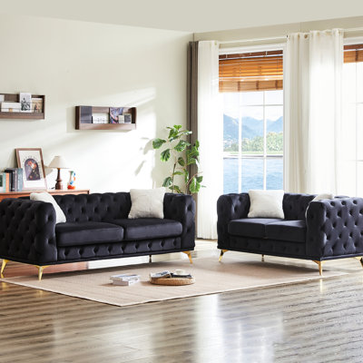 Canapé de salon moderne en velours 3 places + 2 places avec cadre en bois massif et pieds en métal, 4 coussins, meubles d'appoint pour salon, bureau et bureau