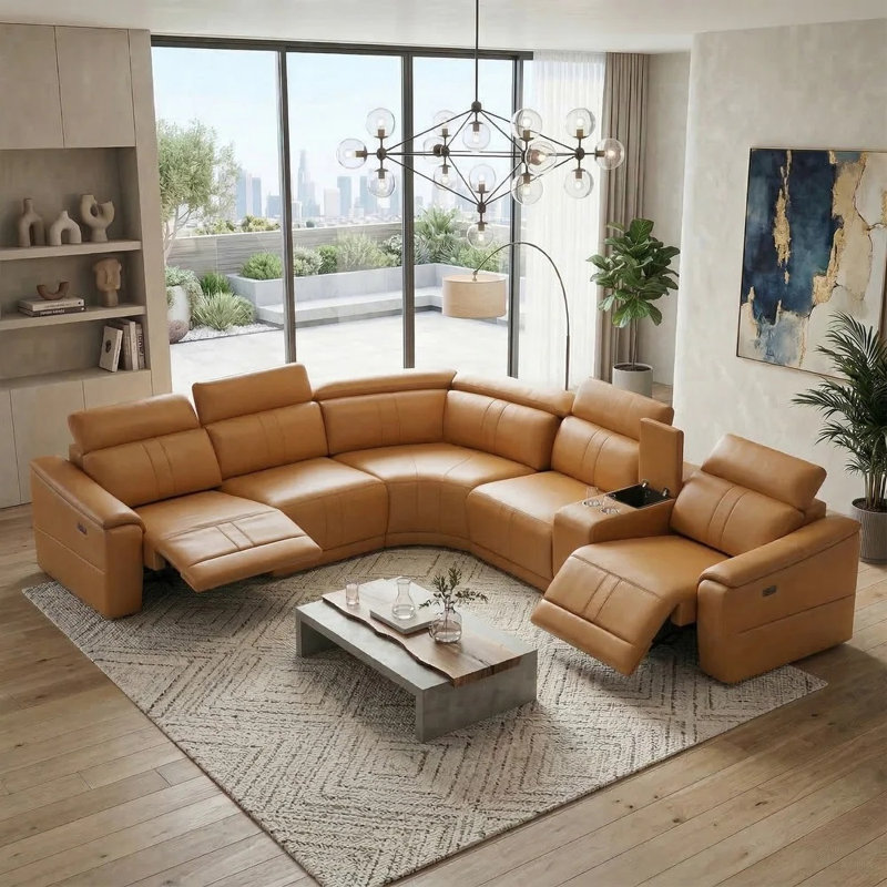  6 - Piece Premium Breathing Leather 119" Living Room Upholstered Power  Reclining Sectional with Adjustable Headrest,Console